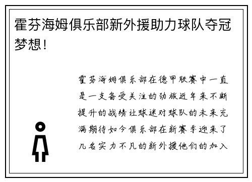 霍芬海姆俱乐部新外援助力球队夺冠梦想！